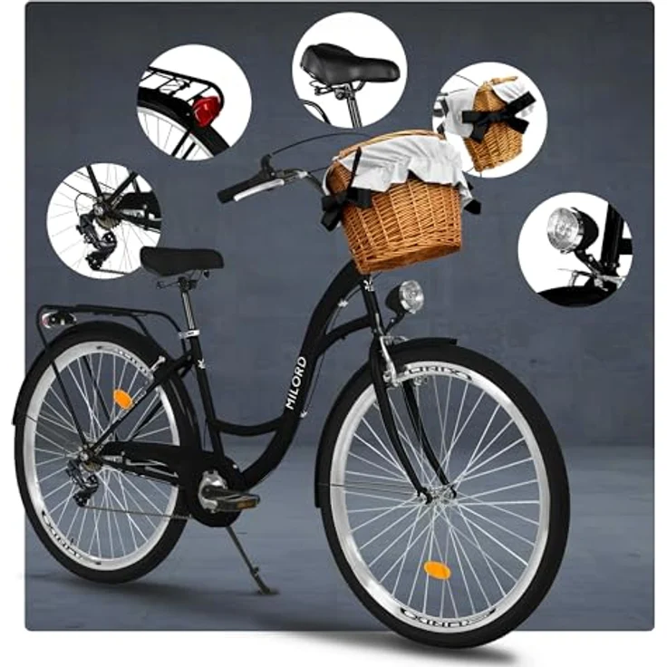 Milordbikes City-Fahrrad, Schwarz, 46 cm, Metallrahmen, für Freizeit und Fitness, mit Aluminiumfelgen und hinterem Träger – Bild 7