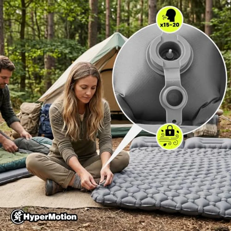 HyperMotion Campmat 2, ultraleichte Isomatte für 2 Personen, 190x120 cm, grau, mit integrierten Kopfkissen und schnellem Mundaufblasen – Bild 4