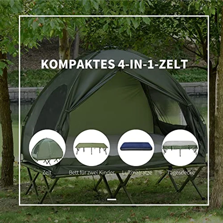 Outsunny Erhöhtes Campingbett und Zelt, Feldbett, Kuppelzelt mit Luftmatratze und Pumpe, TAFT, Grün, 193 x 136 x 178 cm – Bild 3