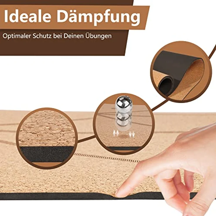 DH FitLife Yogamatte aus Kork & TPE, Gymnastikmatte 183 x 61 x 0,6 cm, Fitnessmatte rutschfest & umweltfreundlich, selbstreinigend - Yoga Matte mit Orientierungslinien (großer Lotos) – Bild 4