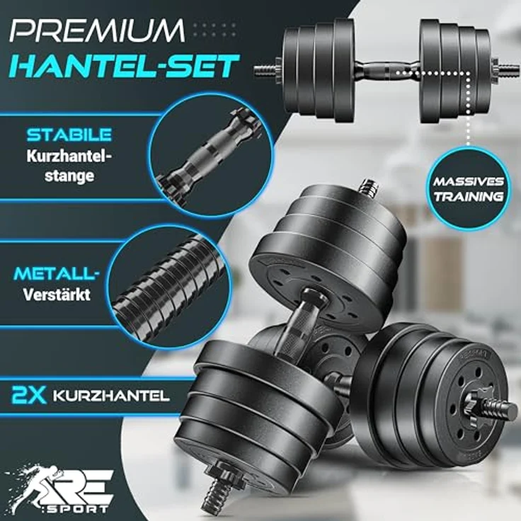 RE:SPORT 2er Hanteln Set verstellbar 15/20/30/40 kg, Hantelset mit rutschfestem Griff, 4 Sternverschlüssen und Zubehör für effektiven Muskelaufbau – Bild 5