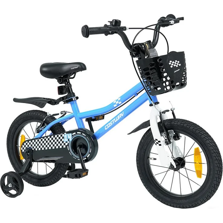 COSTWAY Kinderfahrrad, Blau mit Korb, Klingel, Schutzblech & abnehmbaren Stützrädern, höhenverstellbar