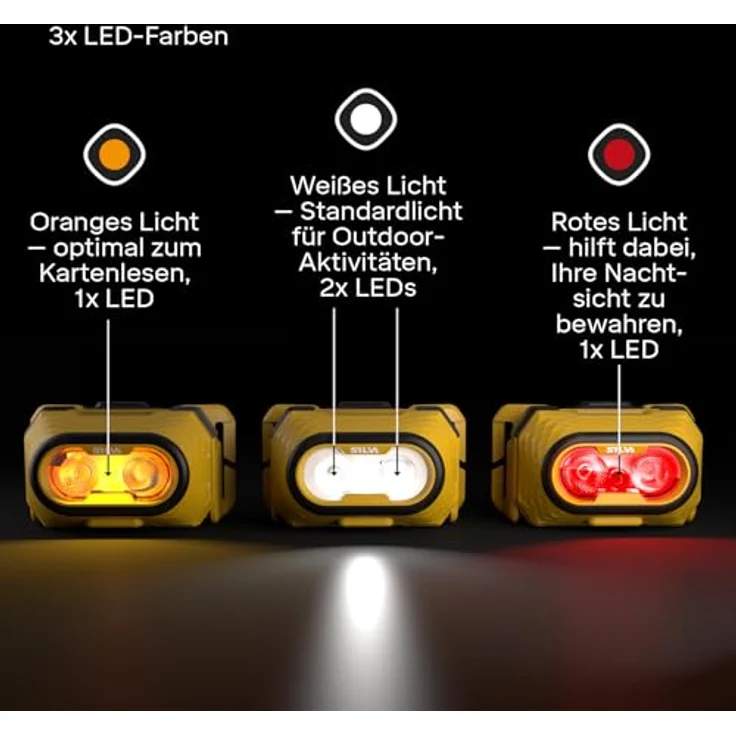 Silva Discover Stirnlampe, batteriebetrieben, 500 Lumen, 3 Helligkeitsstufen, Wasser- und staubdicht, Weiß, Orange & Rot LED, ideal zum Joggen – Bild 3