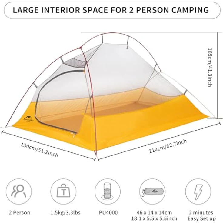 Naturehike Cloud up 2 Upgrade, Ultraleichtes 2-Personen-Zelt für 3-4 Saison, 10D Gelb, verbesserte Belüftung und Wasserdichtigkeit – Bild 2