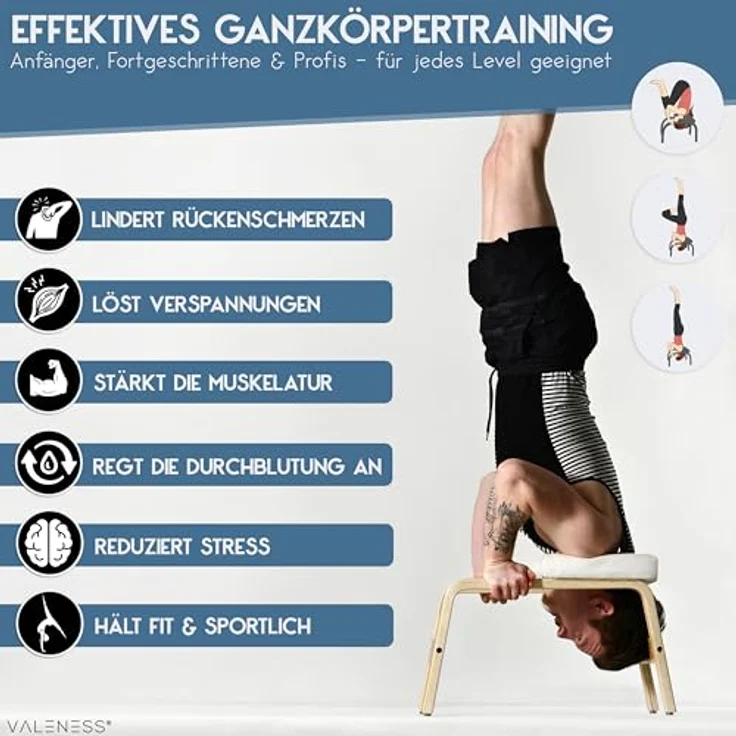 VALENESS Yoga Kopfstandhocker - Yoga Hocker inkl. Yogagurt, Yogablock & Übungsposter - Handstand Trainer aus Naturholz (weiß) – Bild 4