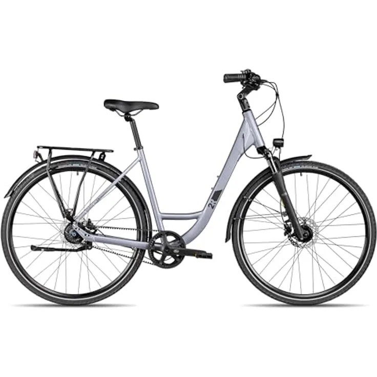 2R Manufaktur TRX TWO Wave, Damen-Citybike mit Tiefeinstieg, 28 Zoll, Silber, 51 cm, hydraulische Scheibenbremsen, Federgabel, wartungsarmer Riemenantrieb