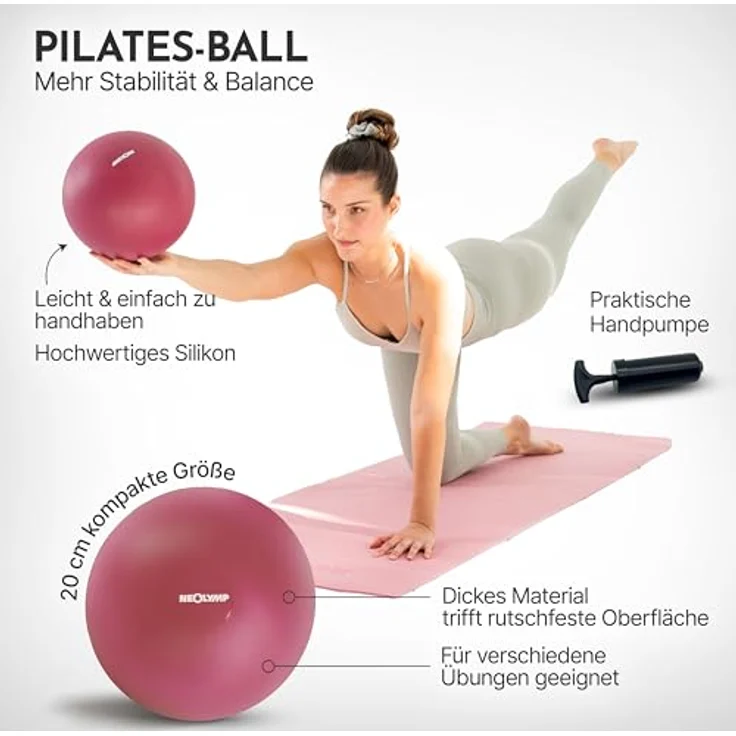 NEOLYMP Pilatesball 20 cm, rutschfester Mini Gymnastikball aus Silikon inkl. Pumpe für Core-Training, Balance, Yoga & Physiotherapie (Berry) – Bild 3
