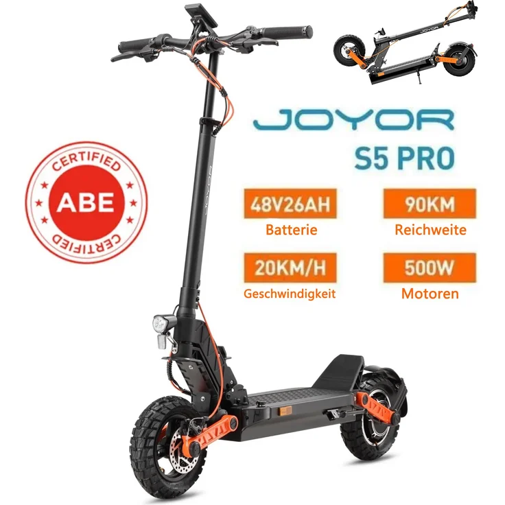JOYOR S5 PRO, Faltbarer Elektroroller mit 500W Motor, 48V 26Ah Akku und 10 Zoll Reifen, Schwarz, ABE-zertifiziert