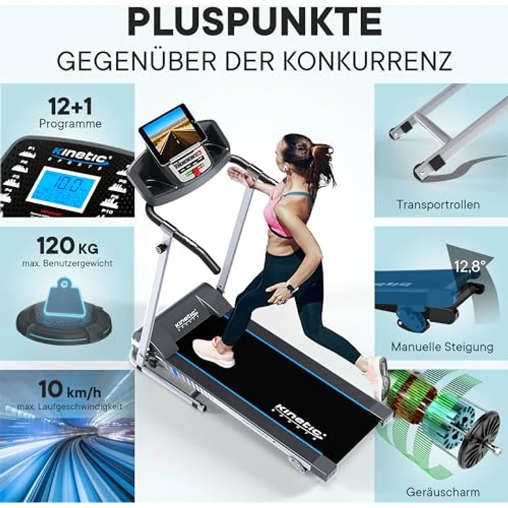 KINETIC SPORTS Laufband für zuhause KST2700FX klappbar - mit Tablethalterung, leiser 750 Watt Elektromotor, 12+1 Programme, LCD Display, GEH- und Lauftraining, stufenlos bis 10 km/h, bis 120 kg – Bild 3