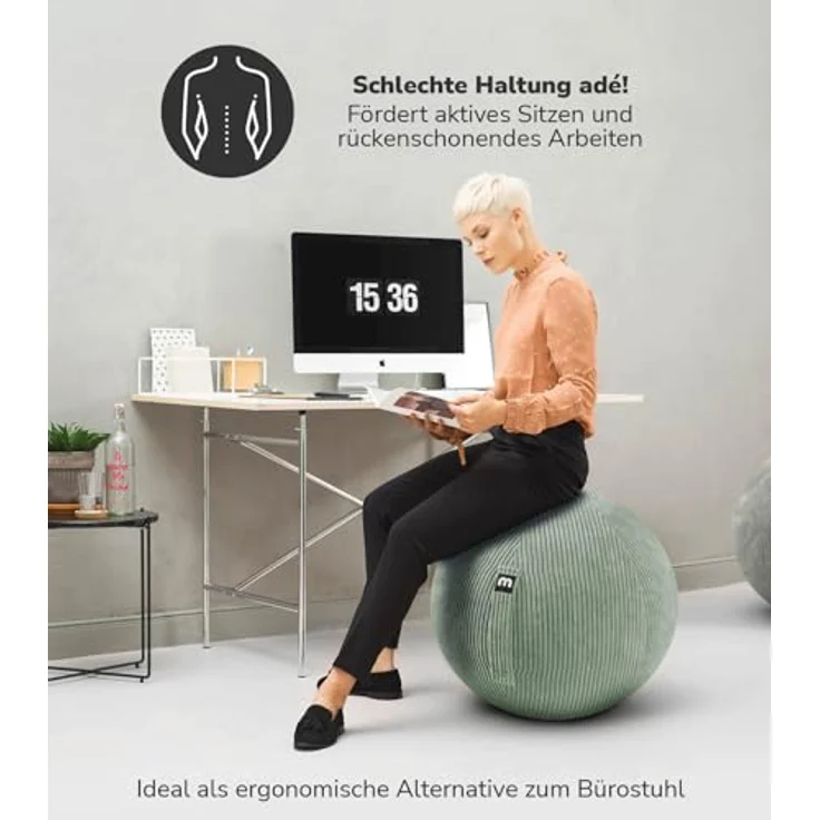 mokebo Stoff Sitzball Büro ergonomisch 'Der Sportliche', Pezziball mit Stoff- oder Cordbezug, 65cm Breite, klimaneutrale Bürostuhl Alternative, blau – Bild 2