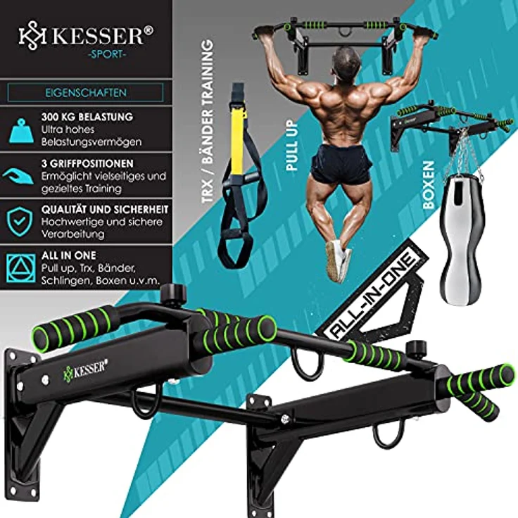 KESSER® 4in1 Klimmzugstange zur Wandmontage rutschfesten Griffen zusätzliche Funktion für Seile Ringe und Boxsäcke mit verschiedenen Griffpositionen | sicher & stabil | Pull Up Bar für zuhause, Grün – Bild 2