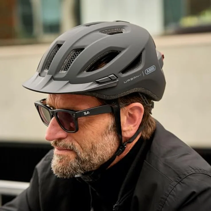 ABUS Urban-I 4.0, Fahrradhelm mit aufladbarem Rücklicht, 2 Leuchtmodi, Schirm, Zopf-Öffnung und magnetischem Verschluss, Größe L, schwarz – Bild 9