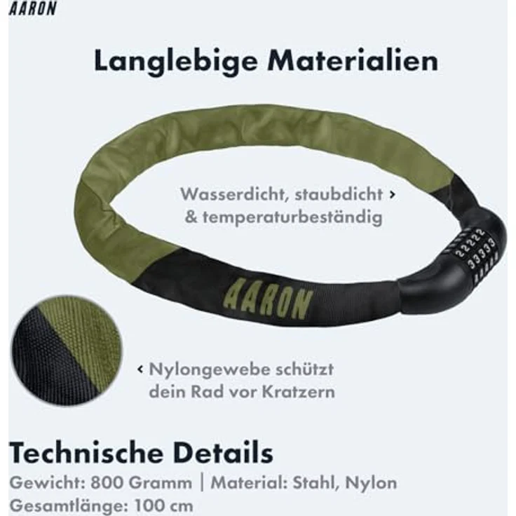 AARON Lock One Kettenschloss, Fahrradschloss mit 5-stelligem Zahlencode, gehärtetem Stahl und hoher Sicherheitsstufe, 100 cm, olive – Bild 3