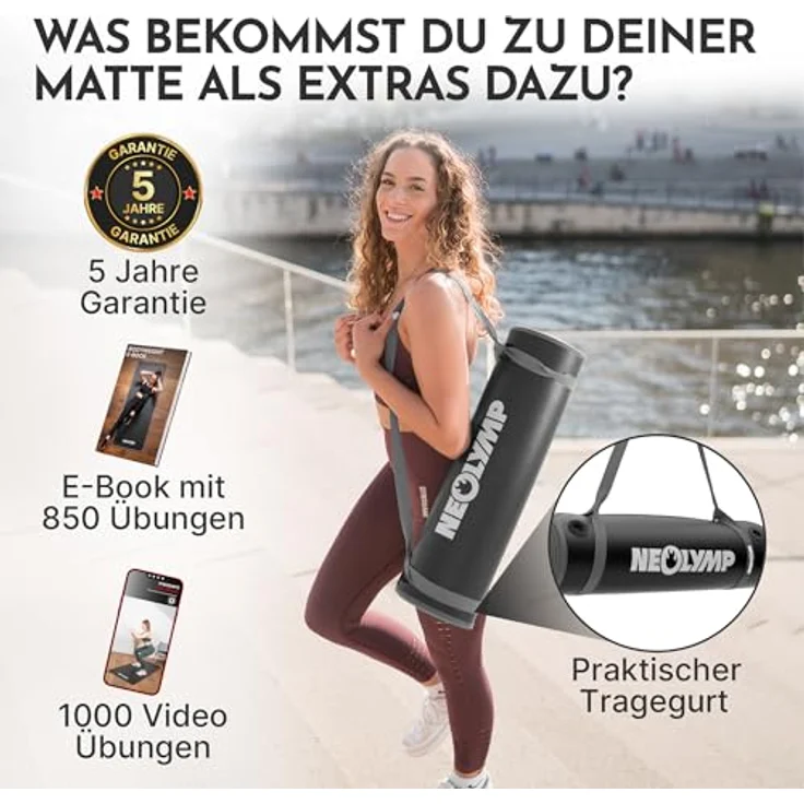 NEOLYMP extra dicke Fitnessmatte, rutschfest mit Aufhänge-Ösen, inkl. Tragegurt & E-Book, 183 × 61 cm, grau – Bild 2