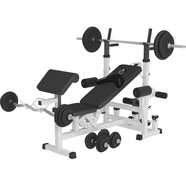 GORILLA SPORTS Kraftstation Hantelbank - Hantelset 100 kg, Verstellbar, Weiß - Trainingsbank