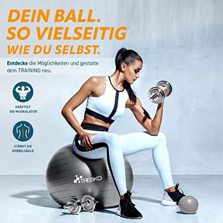 TRESKO Gymnastikball mit GRATIS Übungsposter inkl. Luftpumpe - Yogaball BPA-Frei | Sitzball Büro | Anti-Burst | 300 kg,Grau,75cm (für Körpergröße 175 - 185cm) – Bild 2