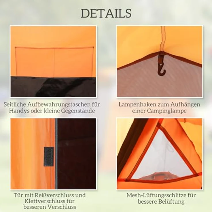 Outsunny Tunnelzelt für 2-3 Personen, wasserdichtes Campingzelt mit Vorraum, 2000mm Wassersäule, orange – Bild 5