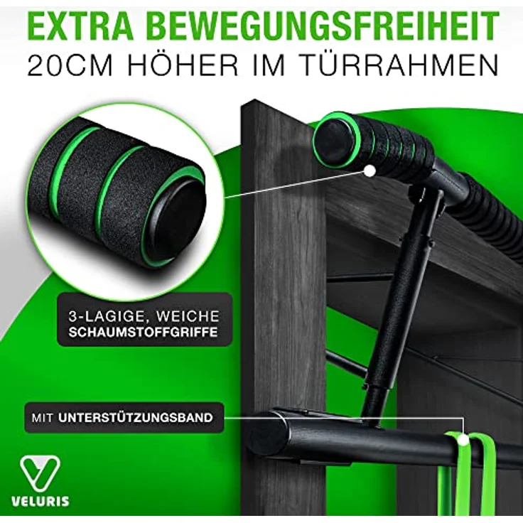 Veluris Klimmzugstange Türrahmen - Stark belastbare Pull up bar [bis 200 KG]- Türreck ohne Aufbau - 20 cm höher im Rahmen - Auch für Dips&Push Ups (abgerundet) – Bild 3