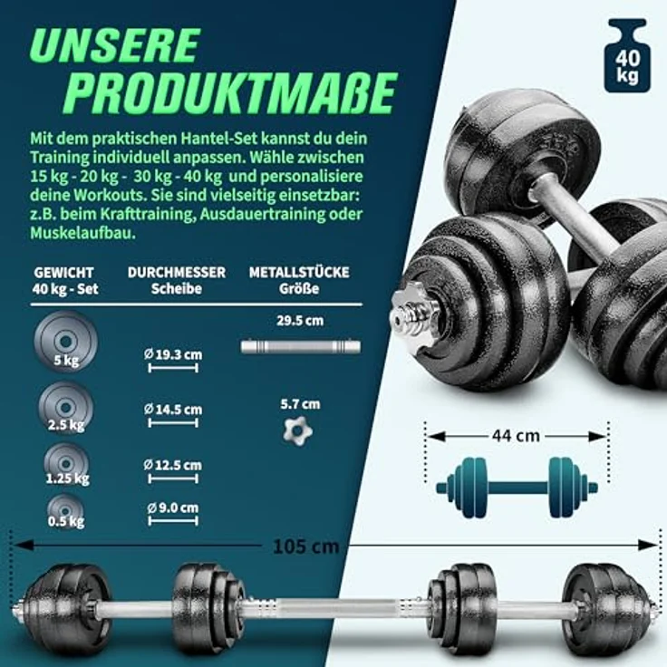 RE:SPORT 2 in 1 Hanteln Set 40 kg, verstellbar aus Gusseisen, Kurzhantel & Langhantel mit Sicherheitsverschlüssen und Verbindungsrohr – Bild 5