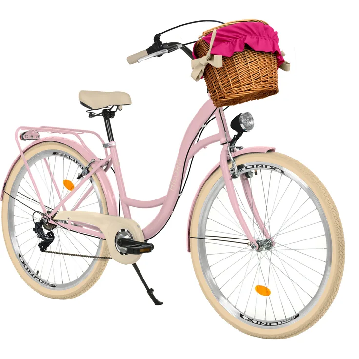 Milord Komfort Fahrrad Mit Weidenkorb Damenfahrrad, 28 Zoll, Rosa-Creme, 7 Gang Shimano
