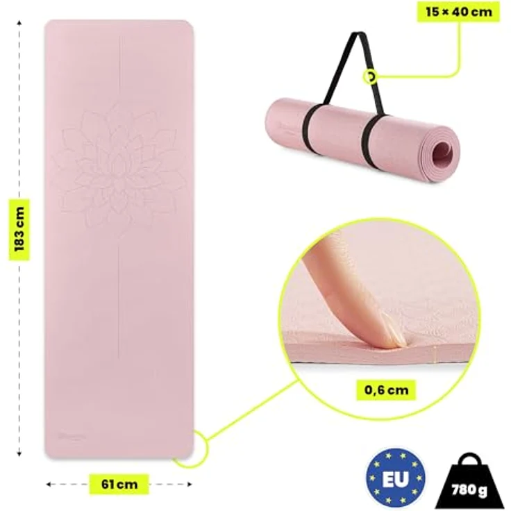 HyperMotion Yogamatte Lotus, rutschfestes TPE mit 6mm Stärke, 183x61 cm, rosa, inkl. Tragegurt – Bild 3
