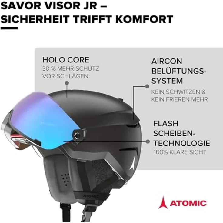 ATOMIC SAVOR VISOR JR Skihelm mit integriertem Visier - Schwarz - Größe S - Max. Stoßdämpfung, Active Aircon Belüftung, High End-Verspiegelung, 51-55 cm – Bild 2