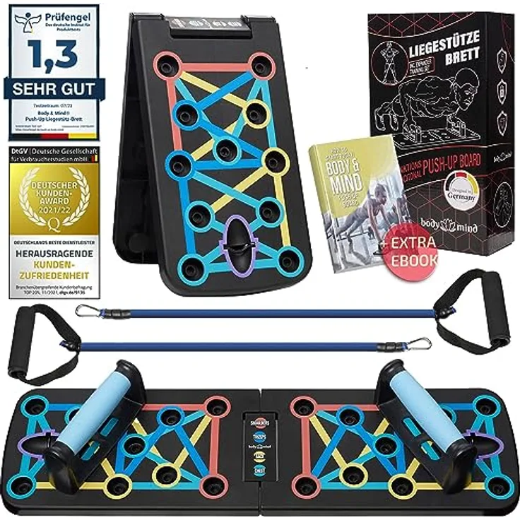 Body & Mind® Push-Up Liegestütz-Brett; Faltbares Multifunktions Elite Rack Fitness-Board für Ganzkörper-Training & Effektive Liegestützen; Liegestütz-Griffe mit Gratis Trainingsbänder & E-Book