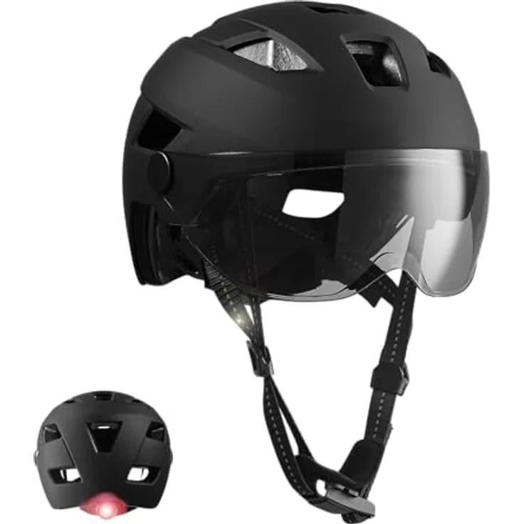 Crazy Safety E-bike Helm für Erwachsene, Schwarz mit Visier und LED-Blinker, EN1078, Größe ML – Bild 1