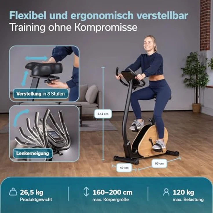 Skandika Ergometer Treliv P8, Heimtrainer aus schwarzem Eisen mit MDF Holz, Magnetbremse 32 Stufen, LED Display, 22 Programme, Bluetooth Kinomap App kompatibel, bis 120 kg – Bild 3