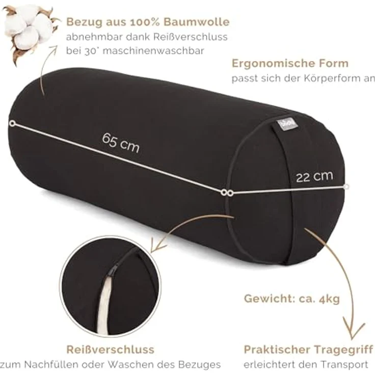 Bodhi Yoga Bolster Rolle Ø 22 cm | Yogarolle mit Bio-Dinkelfüllung | Yogakissen für Restorative & Yin Yoga | Waschbarer Bezug aus Baumwolle | Pilates Kissen mit Trageschlaufe (schwarz) – Bild 3