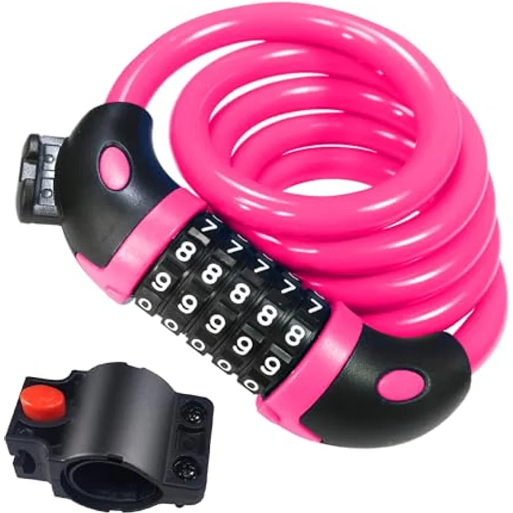 REHKITTZ Fahrradschloss 120cm/12mm Kabelschloss, sehr hohe Sicherheitsstufe mit 5-stelligem Zahlencode, inklusive Befestigungsbügel, rosa – Bild 1