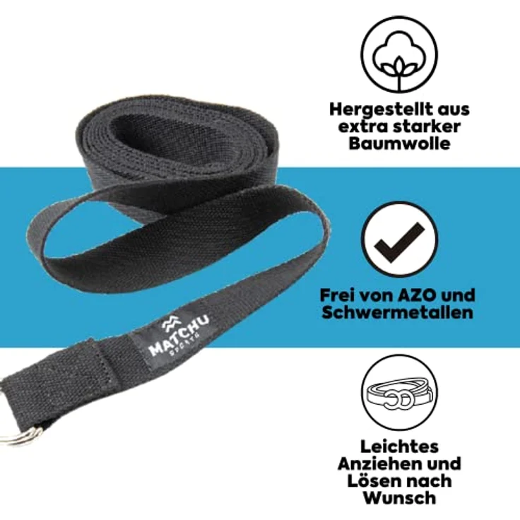 MATCHU Yogagurt, 100% Baumwolle, 3m x 3,5cm, verstellbar mit Metall-D-Schnalle, schwarz – Bild 2