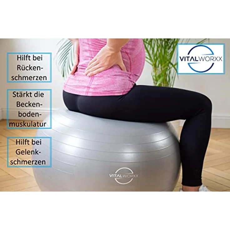 VITALWORXX Gymnastikball für Schwangere, extrem stabil, Sitzball Yogaball Pezziball 75 cm mit Pumpe, mit Übungen für Schwangerschaft, Geburt, Gesundheit, – Bild 2