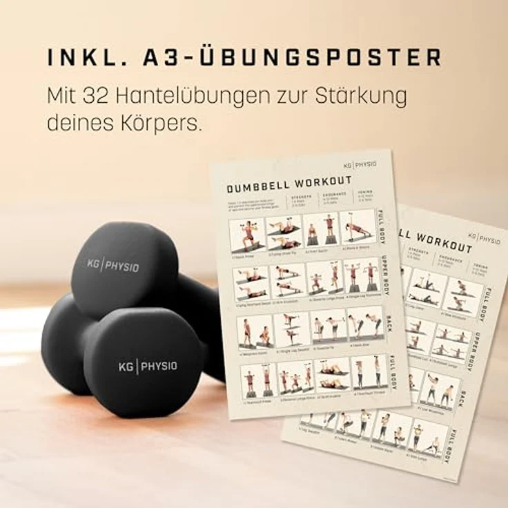 KG Physio Hantelset mit A3-Übungsposter - Neopren Kurzhanteln 2er Set - Fitness Gewichte aus Gusseisen - Schweißabweisendes Kurzhantelset für Frauen und Männer - 10 kg, Schwarz – Bild 5