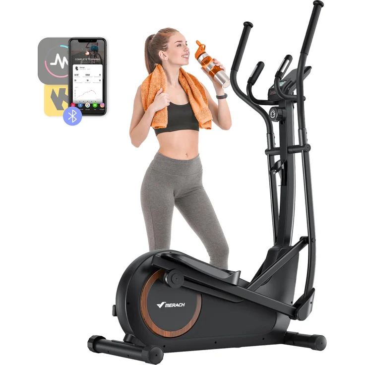 Merach Crosstrainer, Ellipsentrainer für Zuhause bis 150 kg, 16 Widerstandsstufen, 6 kg Schwungrad, interaktive Apps, multifunktionales LCD-Display