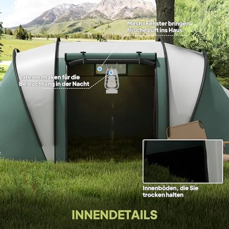 Outsunny Tunnelzelt für 4-5 Personen, wasserabweisendes Familienzelt mit 2 Schlafzimmern, 3000mm Wassersäule und 3 Mesh-Fenstern, inkl. Zubehör – Bild 5