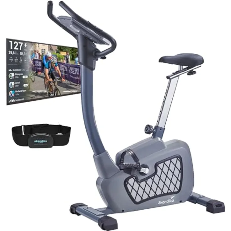 Skandika Wiry Ergometer Heimtrainer 11kg Schwungmasse 24 Trainingsprogramme 32 Widerstandsstufen Magnetbremssystem Bluetooth Kinomap App-Steuerung Transportrollen (grau)