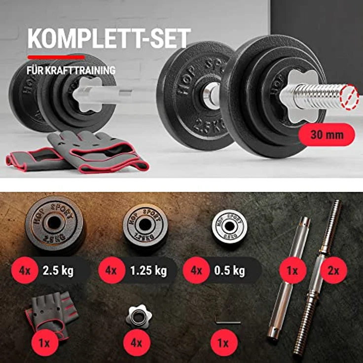 HS HOP-SPORT 2in1 Kurzhanteln & Langhantel Set - Gusseisen Hanteln Set 20kg mit Verbindungsrohr - inkl. Trainingshandschuhe, schwarz – Bild 3