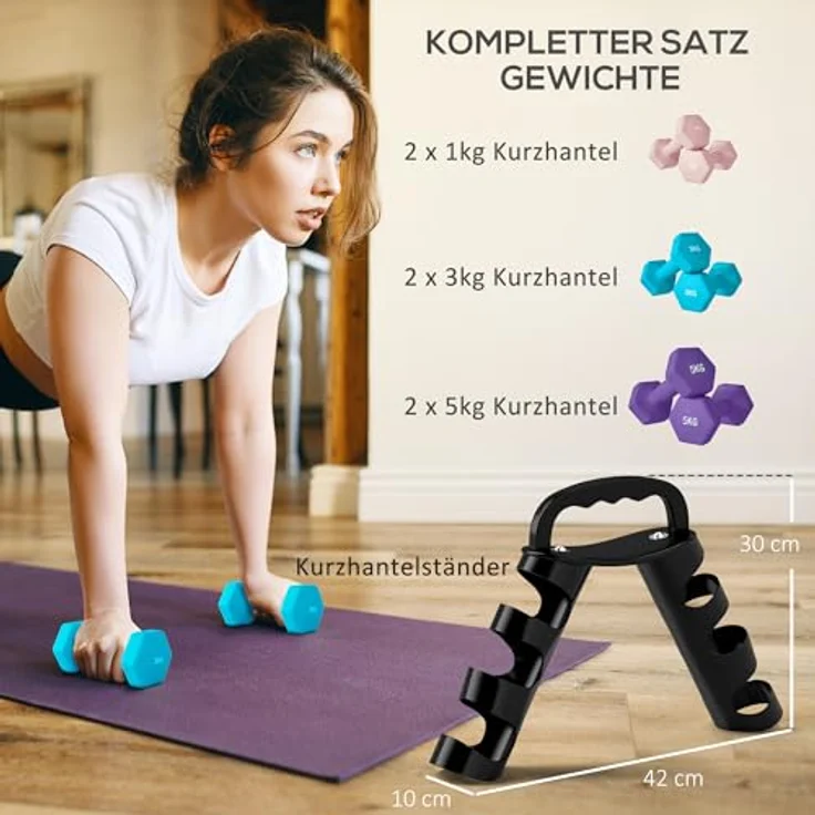 SPORTNOW Hanteln Set 6 Kurzhanteln mit Klappbarem Hantelständer, 2 x 1kg, 2 x 3kg, 2 x 5kg, Hexagon-Design, Rosa-Hellblau-Lila – Bild 3