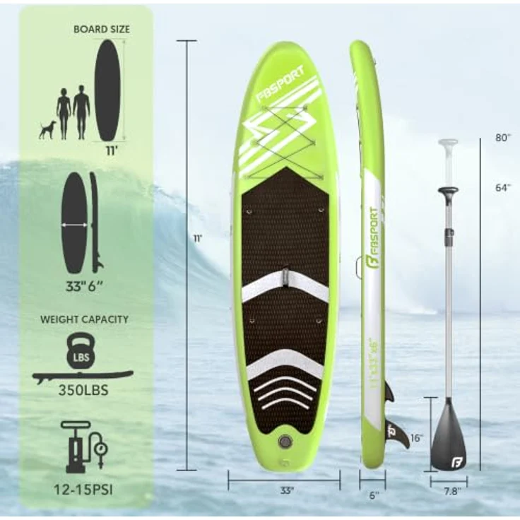 FBSPORT Aufblasbares SUP Board, 15CM dickes Stand Up Paddling Board mit verstellbarem Aluminium Paddel und Pumpe, FruitGreen – Bild 2