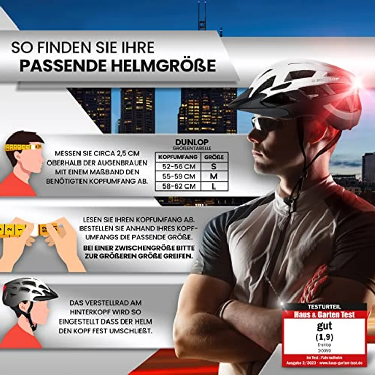 Dunlop Sports Fahrradhelm mit Licht, Ultraleichter Spezialhelm für Damen, Herren und Kinder, abnehmbares Visier, Rücklicht, Urban, Weiß/Schwarz, S (52-56 cm) – Bild 7