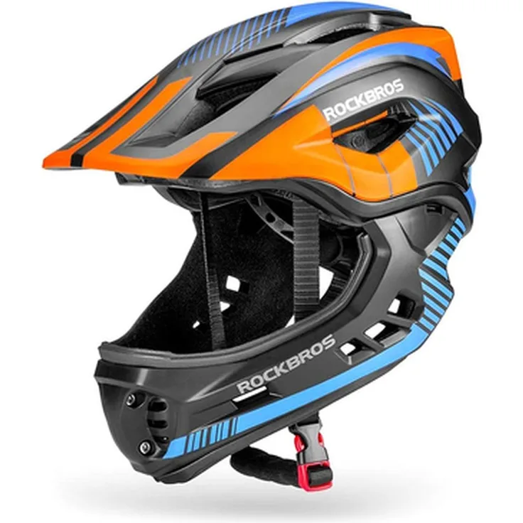 ROCKBROS TT-32 Kinderfahrradhelm, mit abnehmbarem Kinnschutz und 360°-Verstellsystem, Größe S, Schwarz-Orange