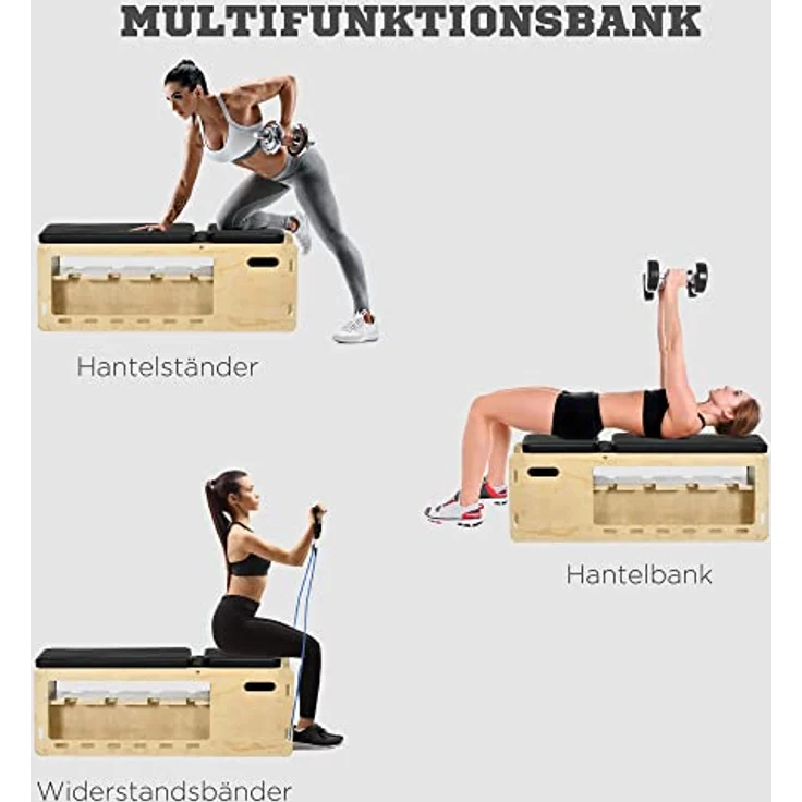 HOMCOM Hantelbank, Trainingsbank mit Aufbewahrungsbox und Widerstandsbändern, Verstellbare Fitnessbank für Gewichtheben, Krafttraining, Massivholz – Bild 4