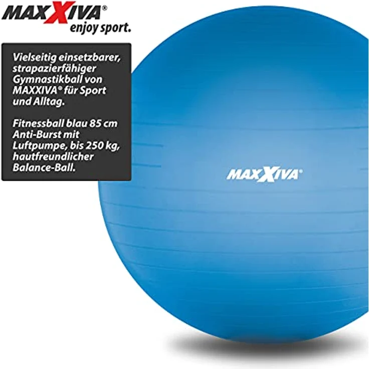 MAXXIVA® Gymnastikball 75 cm Anti-Burst mit Luftpumpe bis 250 kg hautfreundlicher Sitzball Reha Hometraining Balanceball Yoga Pilates Sport Fitnessball (75 cm, Blau) – Bild 2