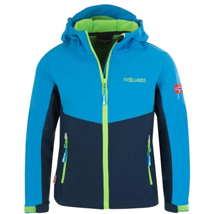 Trollkids Kristiansand Jacke, wasserdichte Softshell in Grün und Blau, 116 cm, mit Waffelfleece-Futter und reflektierenden Details