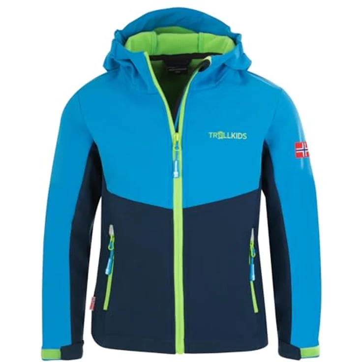 Trollkids Kristiansand Jacke, wasserdichte Softshell in Grün und Blau, 116 cm, mit Waffelfleece-Futter und reflektierenden Details – Bild 1