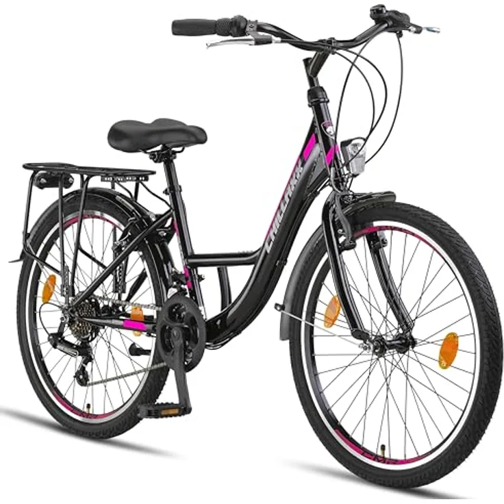 Chillaxx Bike Strada Premium City Bike 24 Zoll Schwarz-Pink V-Bremse - Hollandfahrrad für Mädchen, Jungen, Herren und Damen - 21 Gang-Schaltung – Bild 1