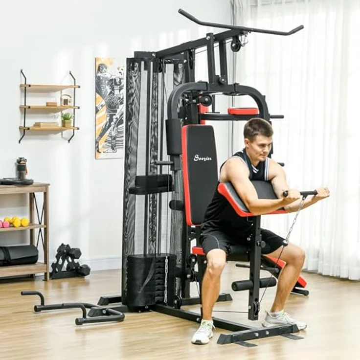 SPORTNOW Kraftstation, Multifunktionale Fitnessstation mit Butterfly- & Latzugstange, Curler, Brustpresse, Sit-Up-Bank, 65 kg Gewichtsblöcken, Schwarz – Bild 2
