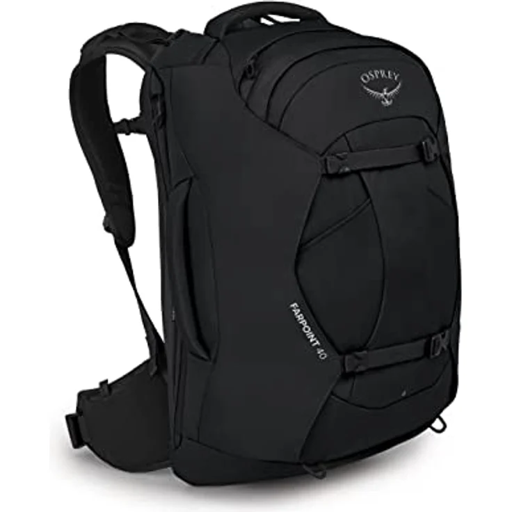 Osprey Farpoint 40 Rucksack, Schwarz, mit gepolstertem Rücken und verstellbaren Schultergurten – Bild 1