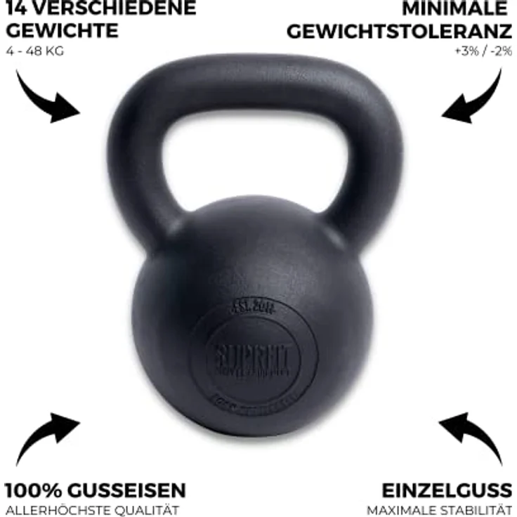 SUPRFIT - Econ Professional Kettlebell 16Kg - Pulverbeschichtete Kugelhantel aus massivem Gusseisen für Fitness, Crossfit & Krafttraining - Schwarze Kettlebells Hantel für Homegym und Fitnessstudios – Bild 3